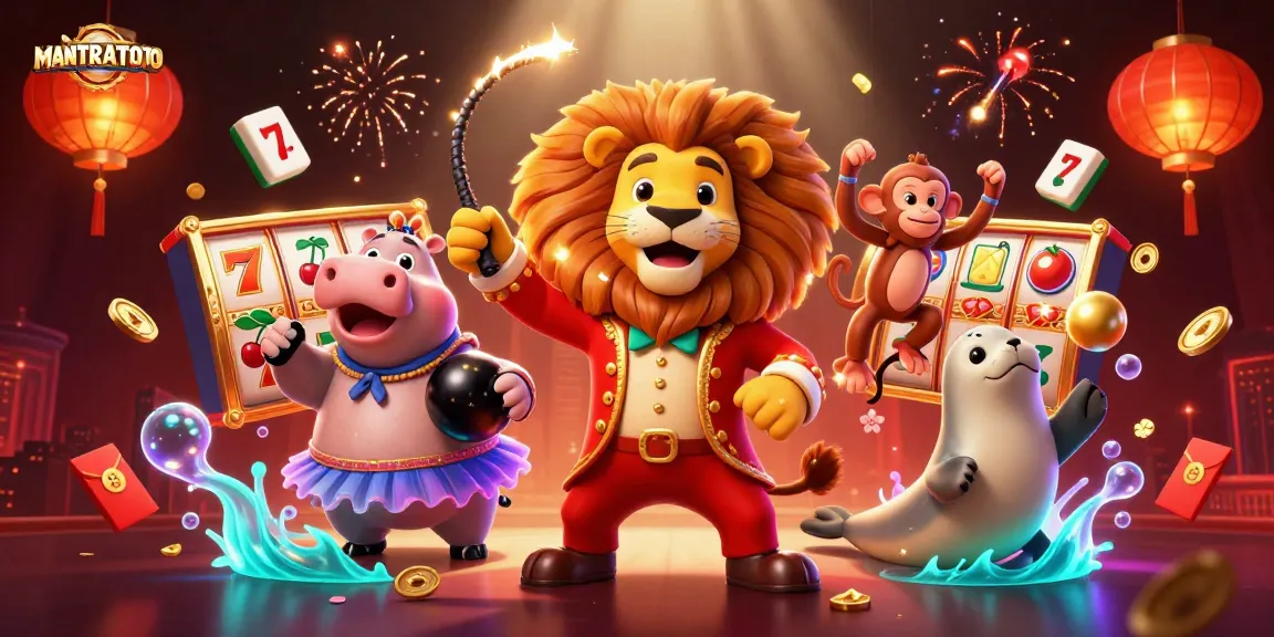 Experience thrilling gameplay with MANTRATOTO as circus characters engage in vibrant slot action.