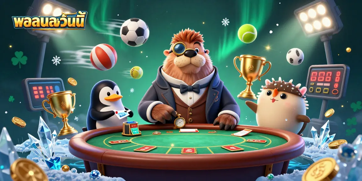 Bet on ผลบอลวันนี้ with a lively 3D scene featuring a jolly walrus and vibrant sports elements.