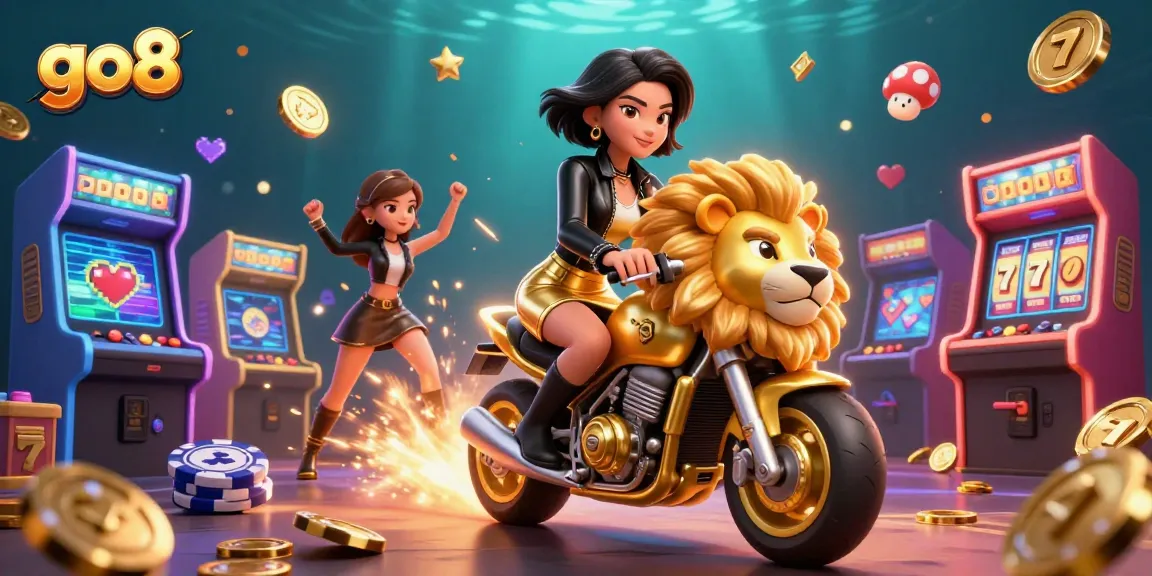 Experience go8 excitement with a glamorous woman riding a golden lion, surrounded by vibrant casino elements.