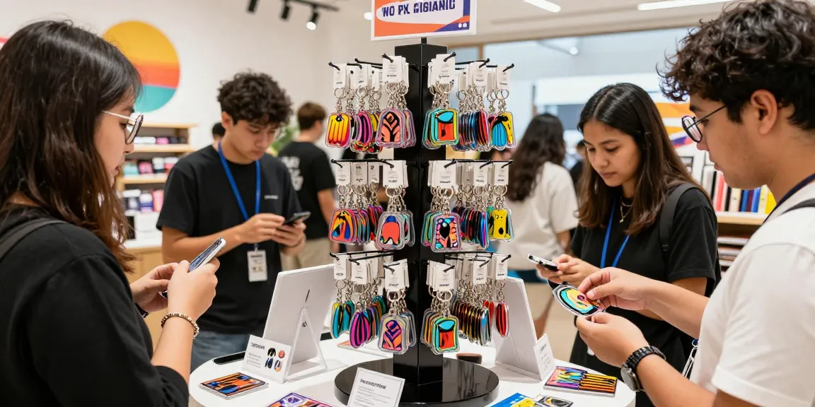 Custom acrylic keychain display in a vibrant e-commerce shop atmosphere, showcasing colorful designs and enthusiastic customers.