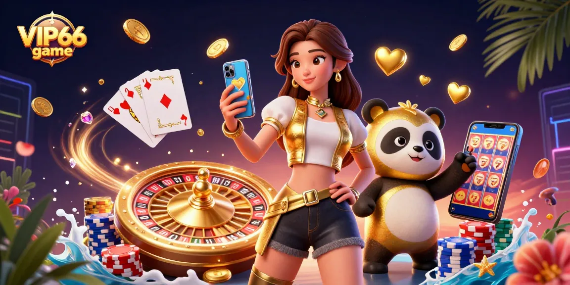 Engage with the thrilling VIP66 game featuring a stylish Asian woman with casino game on smartphone, and golden panda.