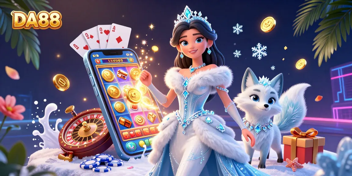 Experience the exhilarating world of DA88 with vibrant slot games, golden coins, and engaging casino elements.