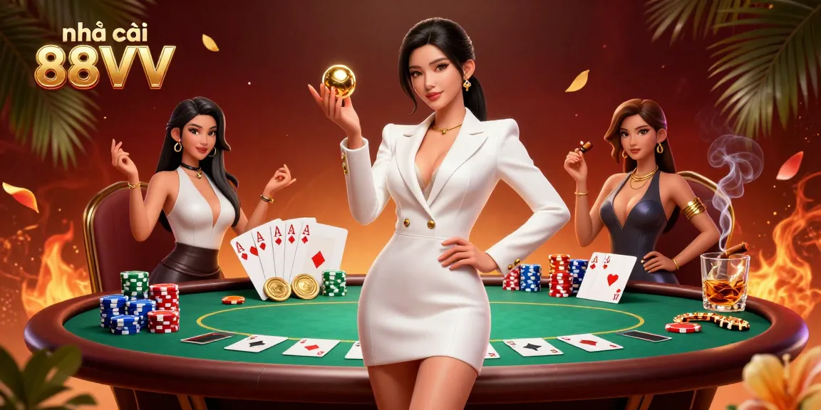 Experience excitement at nhà cái 88VV with a dynamic 3D illustration showcasing casino elements and gaming glamour.