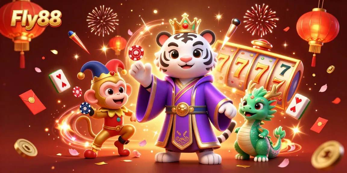 Experience the excitement at Fly88 with a whimsical illustration of a tiger and monkey engaged in vibrant casino-themed activities.