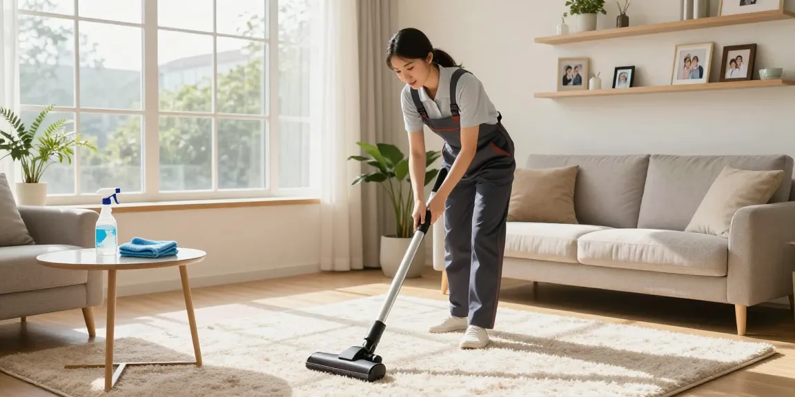 Residential reinigungen service with a professional cleaning the living room, showcasing a sparkling clean environment.