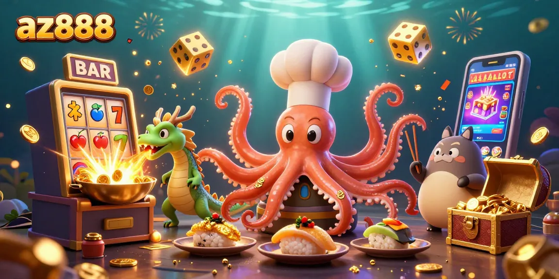 Win exciting jackpots with az888 in this vibrant casino-themed illustration featuring unique characters.