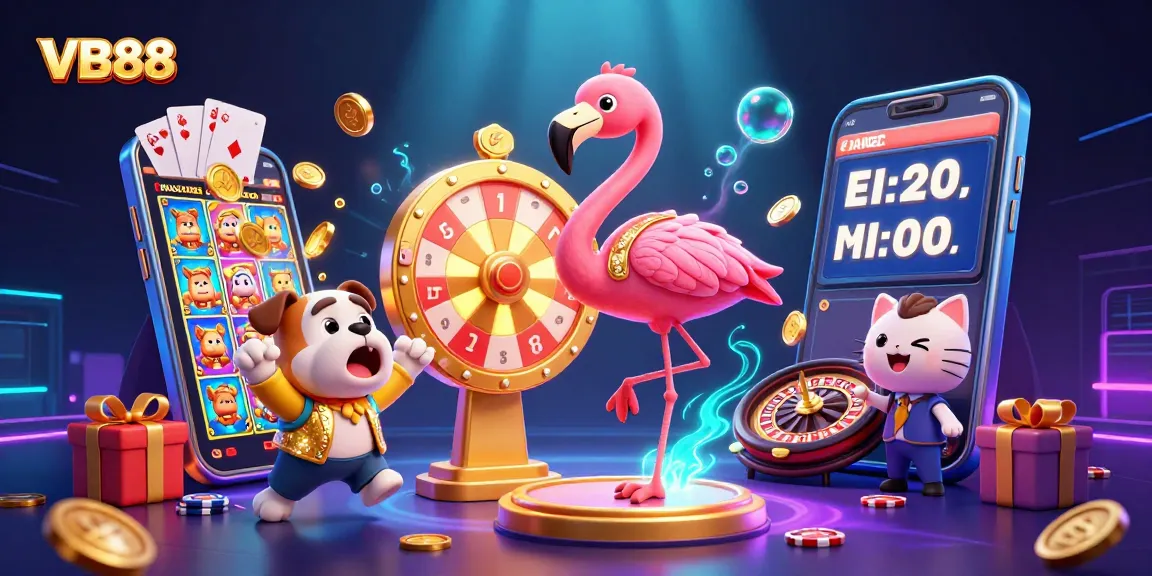 VB88 game show scene with a flamingo host spinning a prize wheel, providing thrilling casino excitement