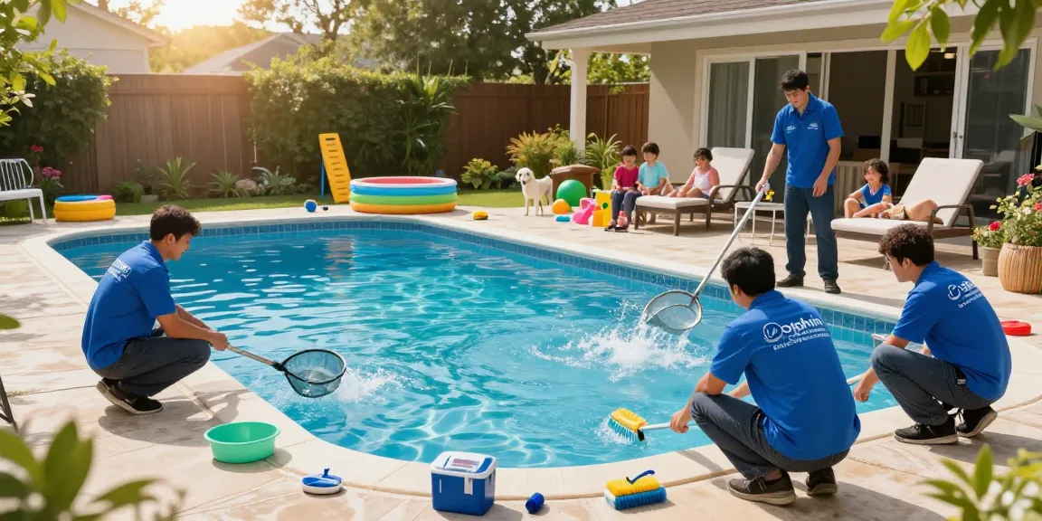 Dolphin Pool Services maintaining a family pool with certified operators in a sunny backyard.