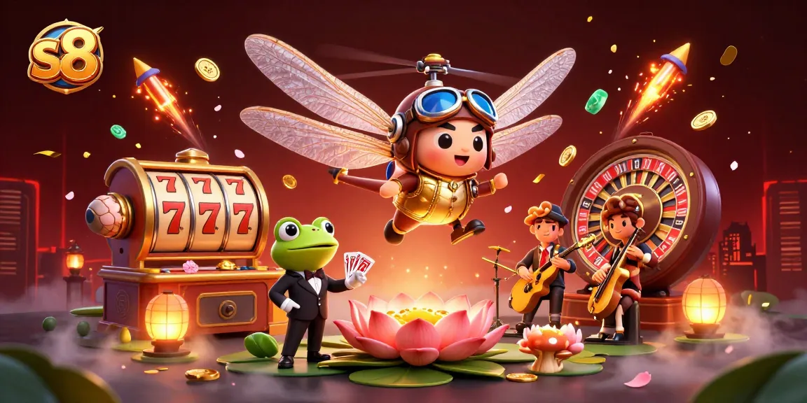 S8 casino scene showcasing a dragonfly pilot and frog dealer in action, vibrant slots and roulette.