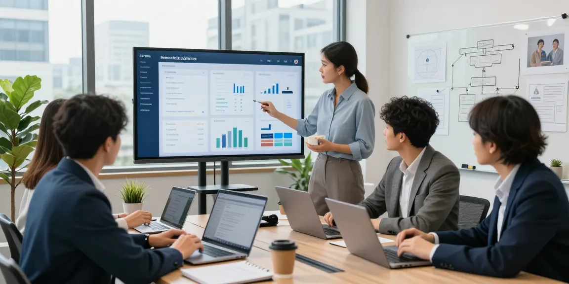 Team utilizing a CRM for home service companies in a modern office setting, showcasing analytics and collaboration.