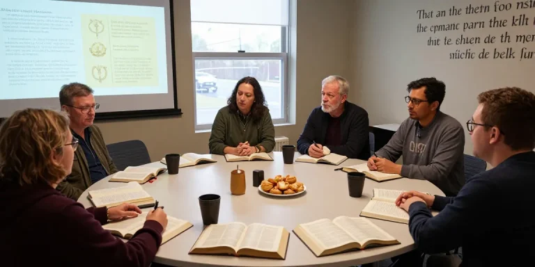 Group studying Revelation with Richard French's guide, fostering deep understanding and camaraderie.