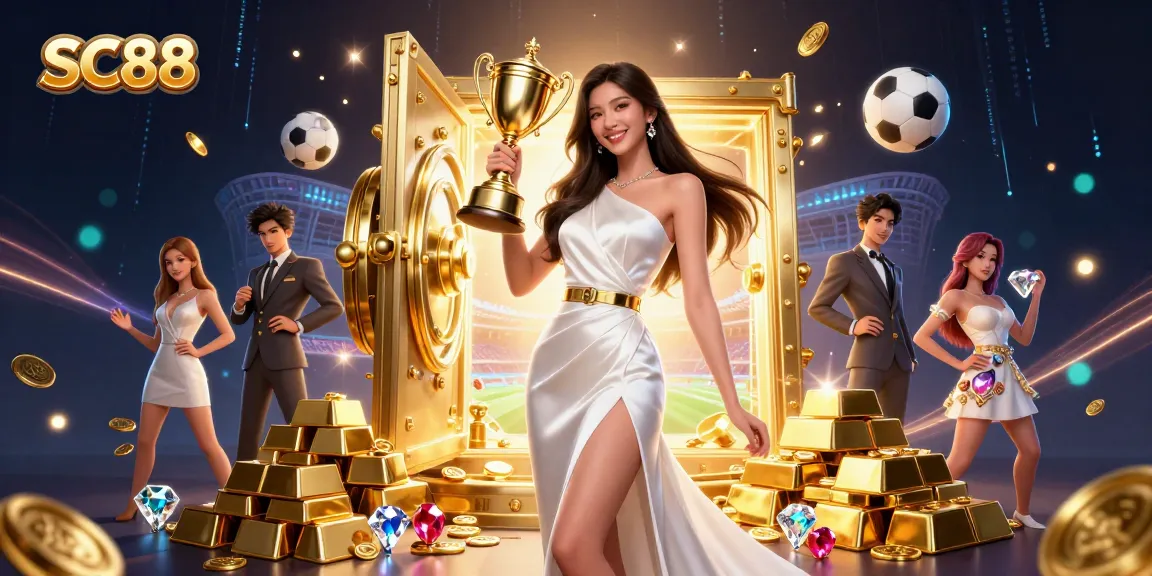 SC88 champions celebrate victory amid scattered gems and sports betting elements, capturing the thrill of gaming.