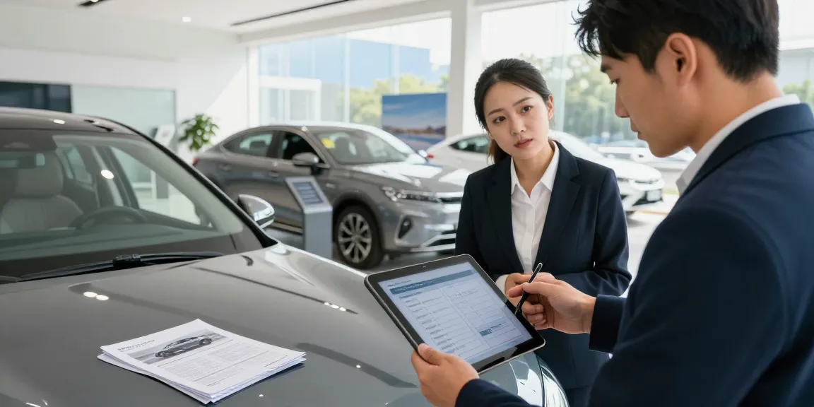 Best car history check UK displayed on tablet during vehicle inspection at dealership