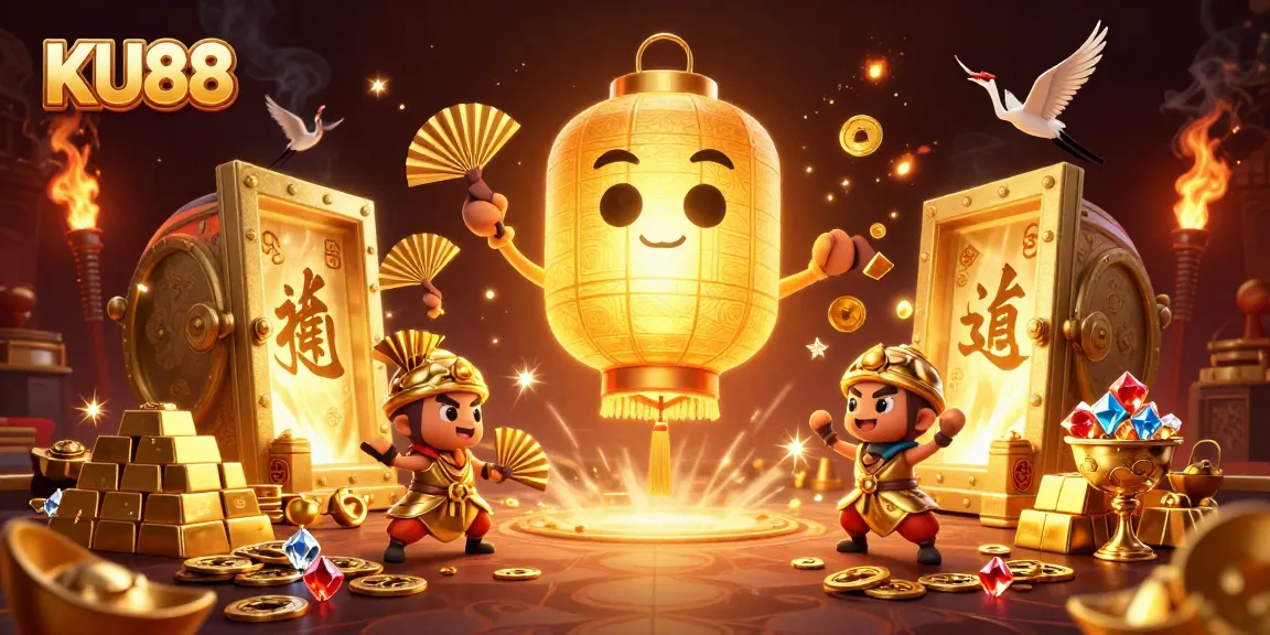 Play thrilling games at KU88 with a dynamic casino scene showcasing lively characters and sparkles.