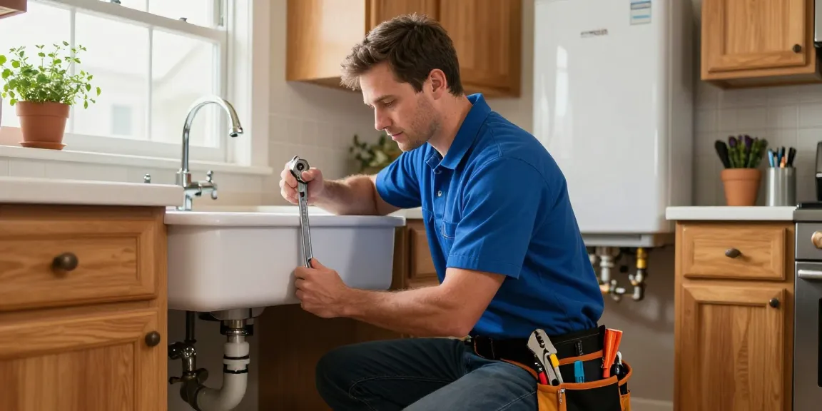 Skilled San Diego plumber repairing a leaky pipe under a kitchen sink, showcasing professional tools and a warm, inviting kitchen atmosphere.