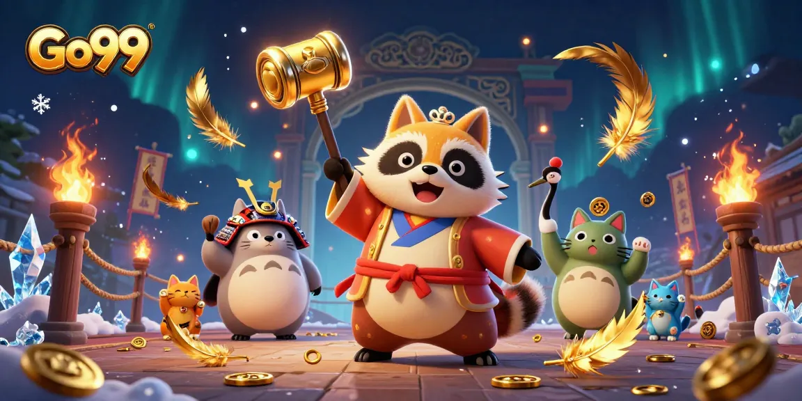 Engage in thrilling gameplay at Go99, featuring a cheerful tanuki champion with lucky symbols in a festive casino atmosphere.