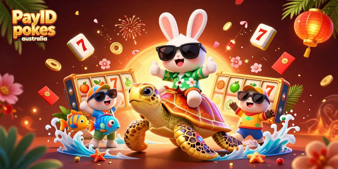 Play exciting PayID pokies Australia with a lucky rabbit and golden turtle in vibrant casino scene.