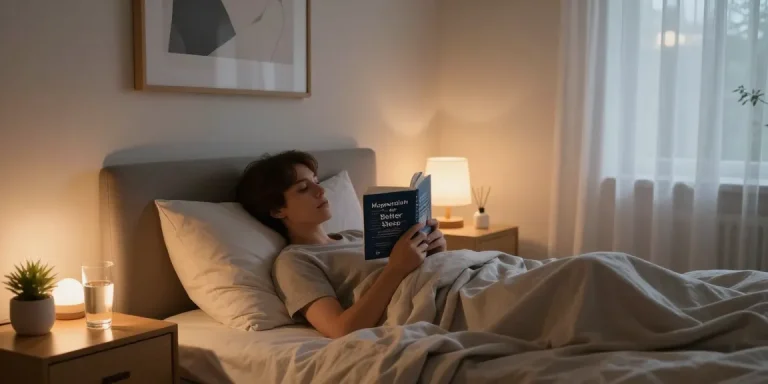 Person relaxing in calm bedroom, exploring does magnesium help you sleep with book and soft lighting.