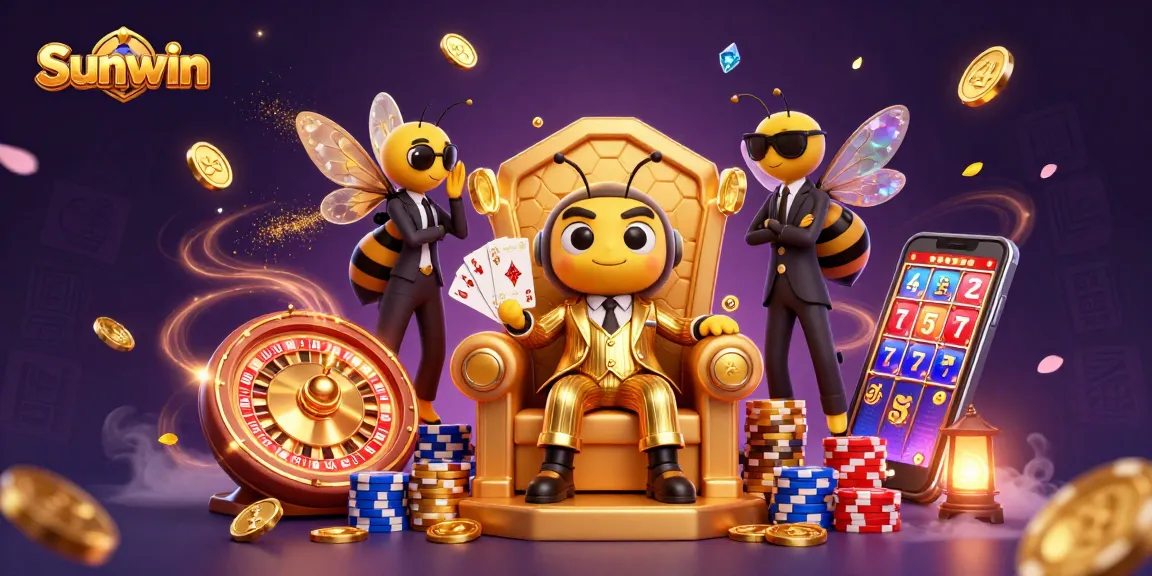 Sunwin offers exciting jackpot opportunities in the rich casino-themed illustration featuring dramatic characters.