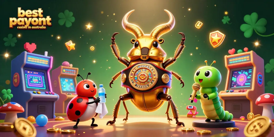 The scene illustrates the best payout casino in Australia with a golden stag beetle champion, a ladybug corner-man, and a caterpillar announcer.