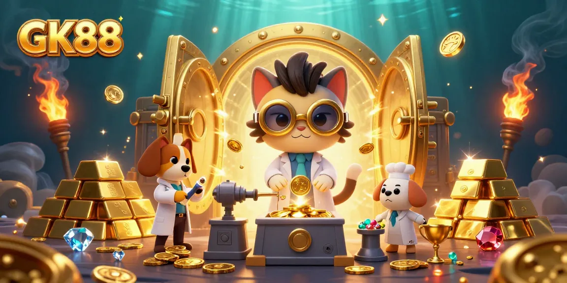 Experience the excitement with GK88, the premier online casino featuring a dynamic lab scene filled with gold coins and treasures.