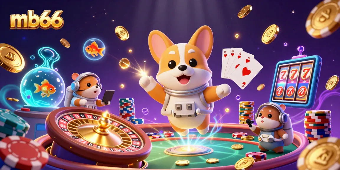 Experience the excitement of mb66 with a 3D cartoon scene featuring a floating astronaut corgi and casino elements.