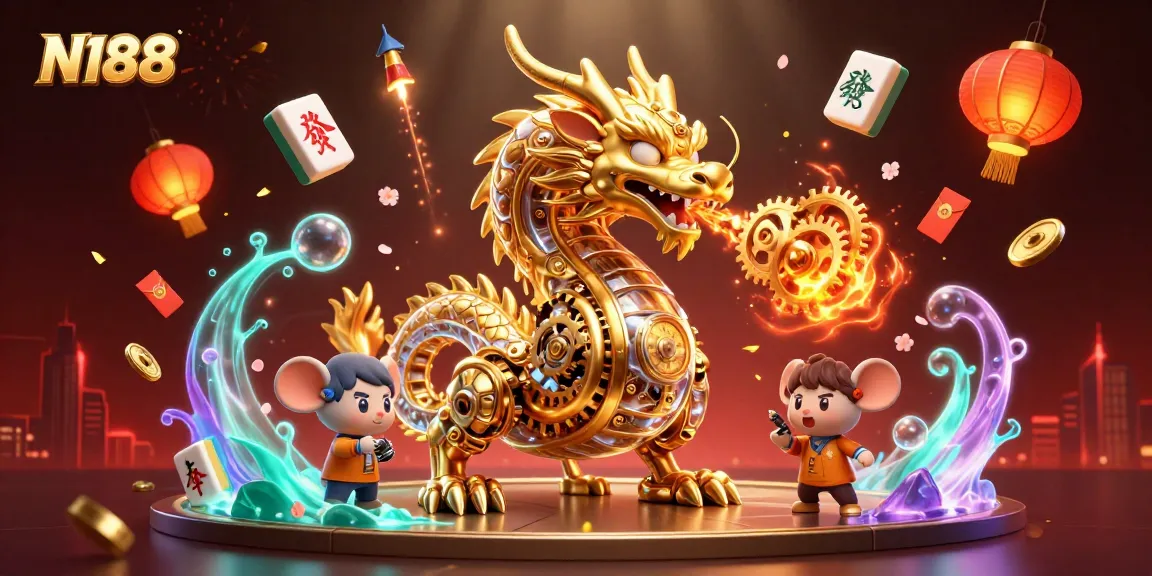 N188 showcases a vibrant 3D illustration featuring a biomechanical dragon amidst casino elements, captivating players.