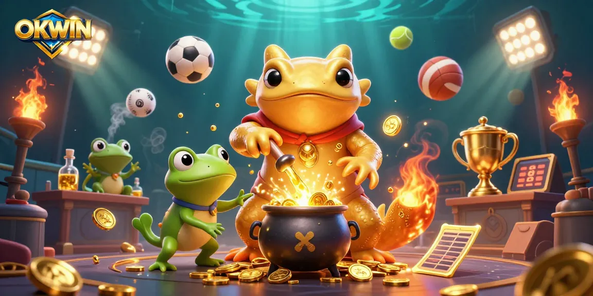 Experience the magic of OKWIN with alchemists transforming gold and dynamic sports elements.