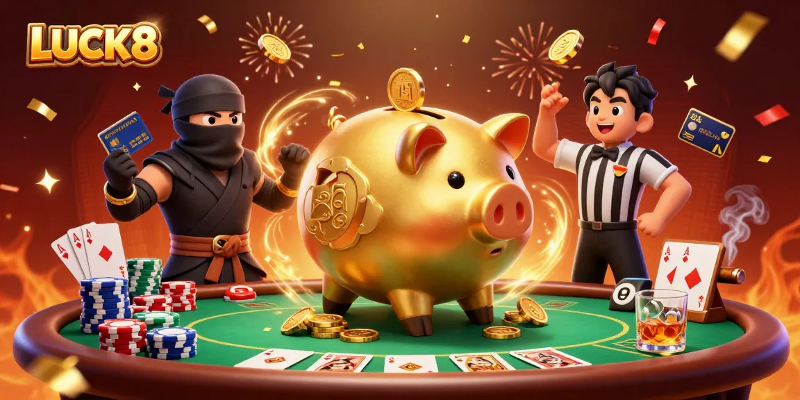 LUCK8 brings exciting casino action with dynamic characters, poker elements, and vibrant confetti.