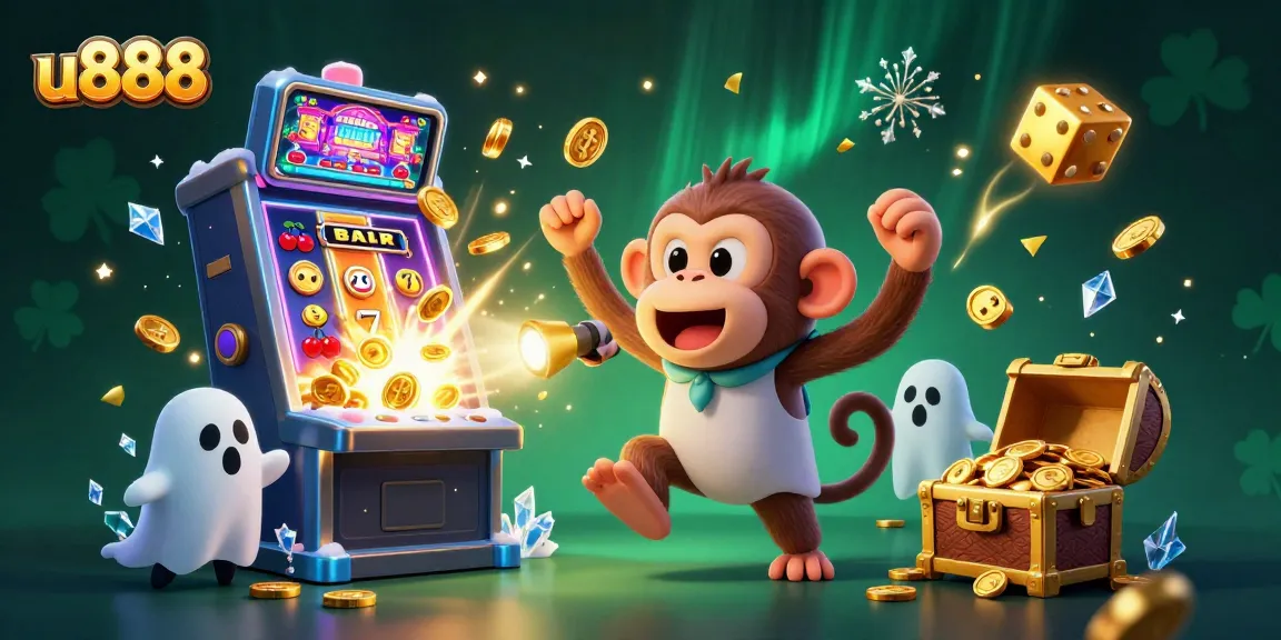 Experience the excitement of u888 as a mischievous poltergeist monkey juggles golden casino items in a haunted casino.