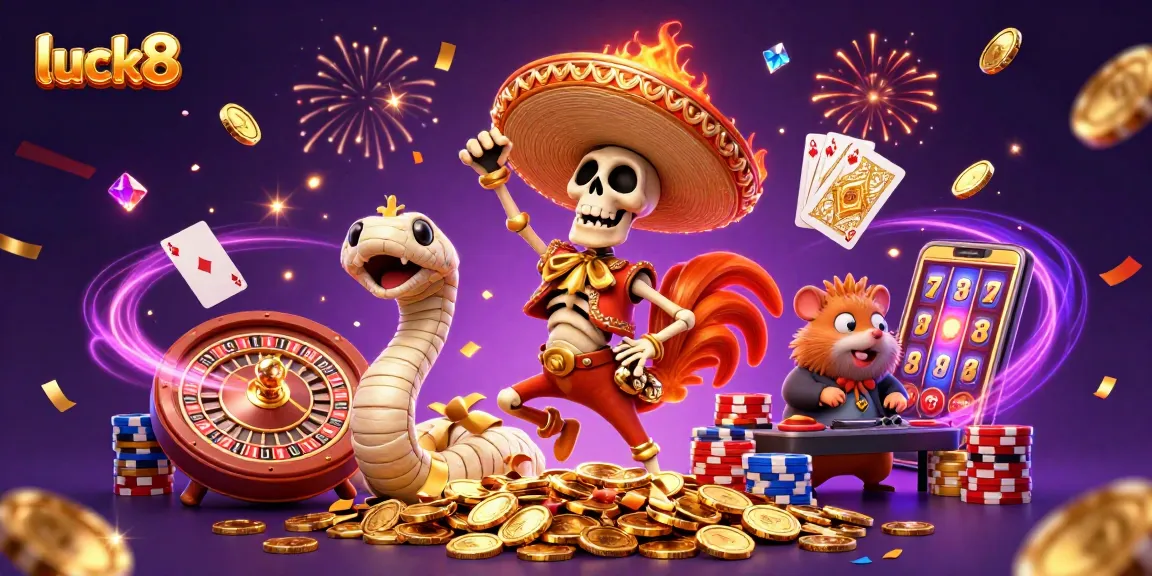 Engage with luck8's lively gaming scene featuring a victory dance with animated characters and casino elements.