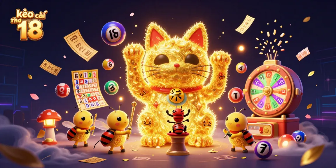 Bet on kèo nhà cái 18 with engaging golden lucky cat surrounded by casino elements