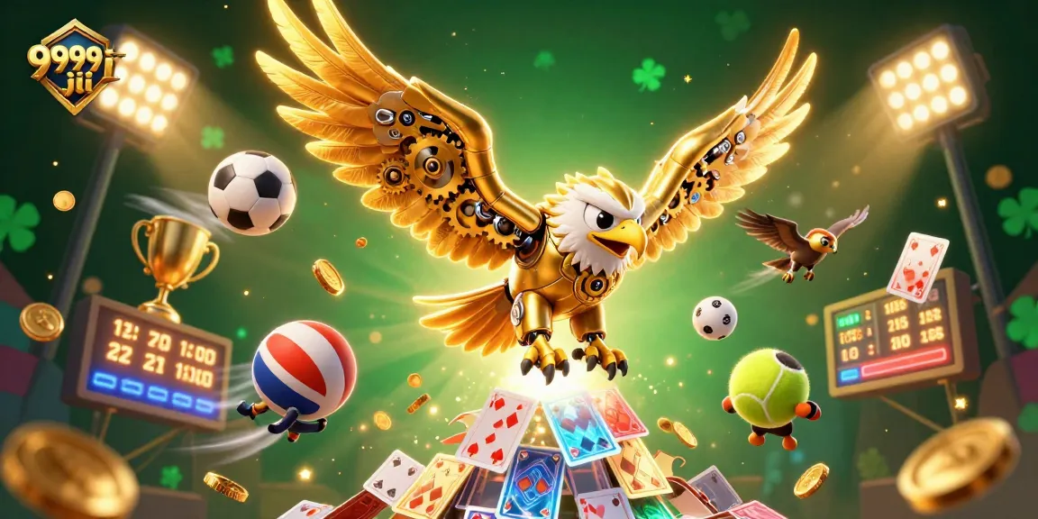Experience thrilling gameplay with 999 jili in this dynamic 3D casino scene featuring golden eagle and sports elements.