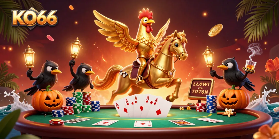 KO66 showcases a golden rooster in a luminous casino, surrounded by vibrant poker elements.