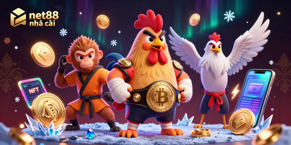 Experience thrilling action at net88 nhà cái with a vibrant illustration showcasing crypto elements and casino motifs.