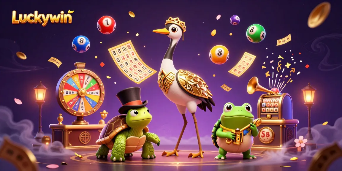 Experience the excitement of Luckywin with colorful lottery elements and vibrant characters in a dynamic casino scene.