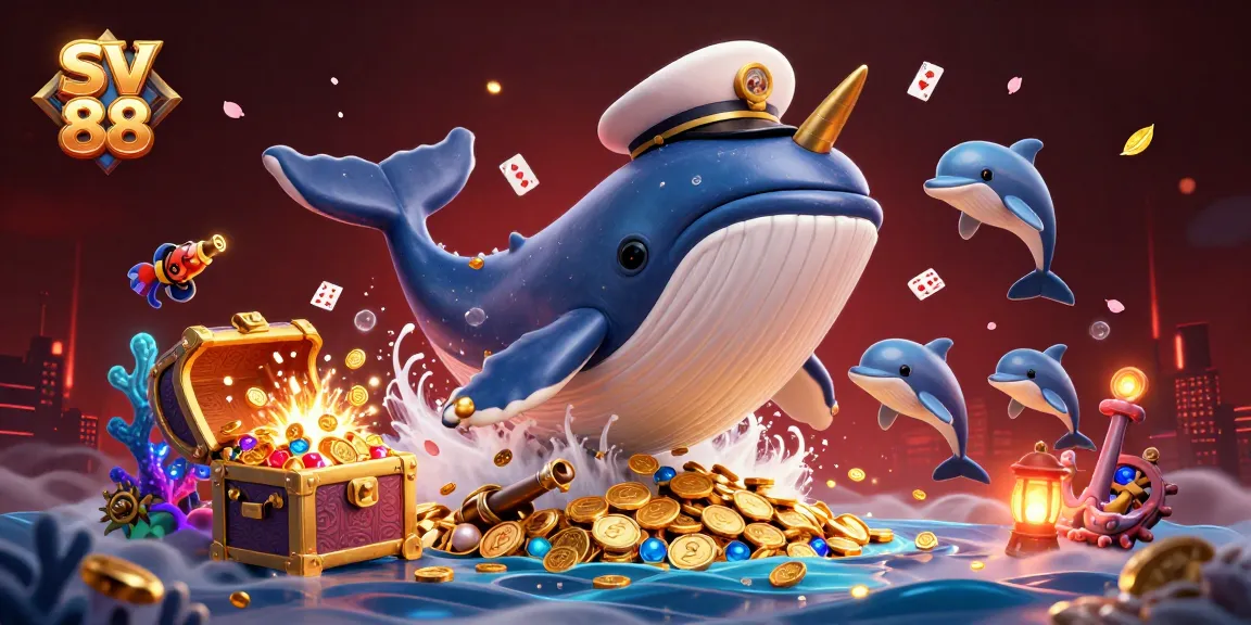 Engaging scene of SV 88 with a whale captain, poker chips, and casino treasures.