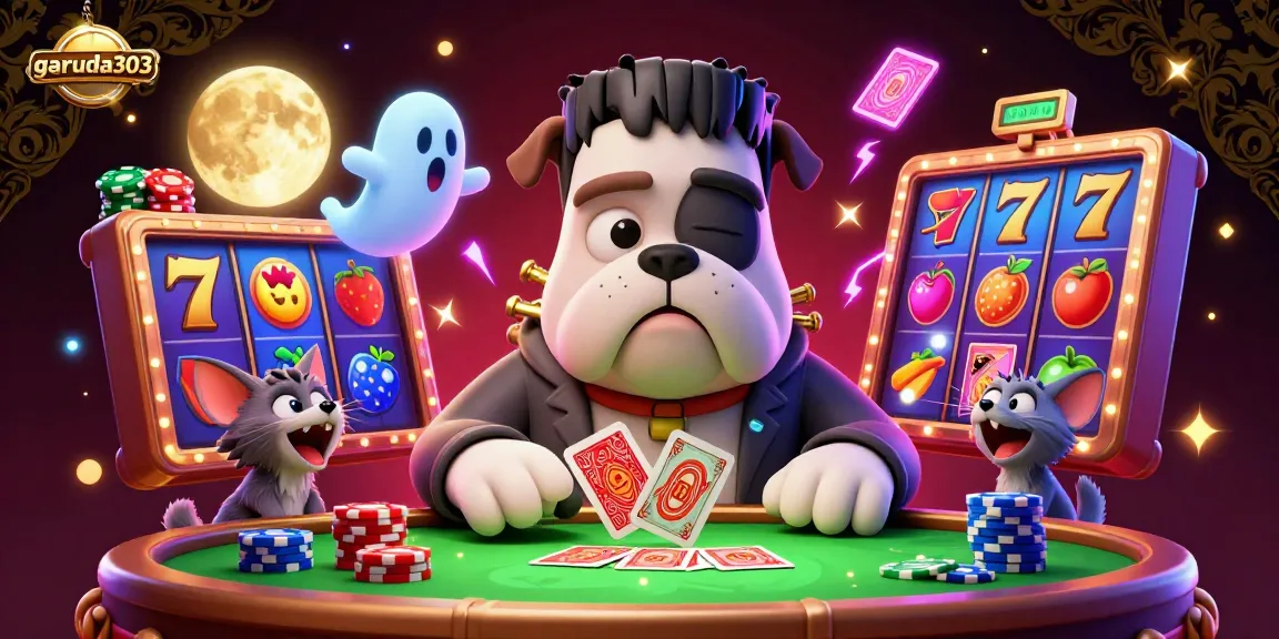Join the fun at garuda303 with vibrant slot machines, a ghost mouse, and spooky casino elements.