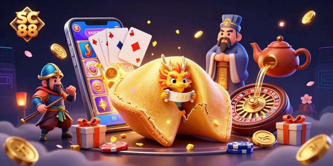 Engage with SC 88's vibrant casino atmosphere featuring a golden fortune cookie and gaming elements.