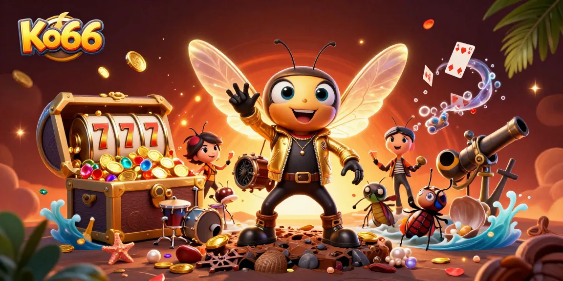 Experience the thrill of Ko66 with a vibrant cartoon scene featuring a rock star and treasure-filled elements.