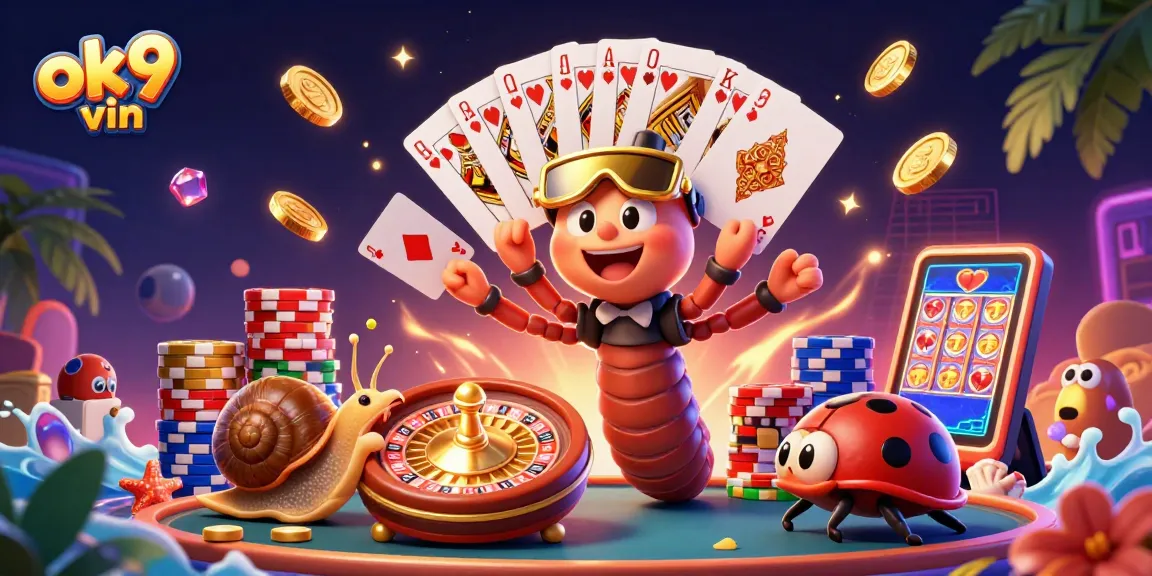 Experience thrilling gameplay at ok9 vin with charming cartoon characters, slots, and vibrant casino elements.