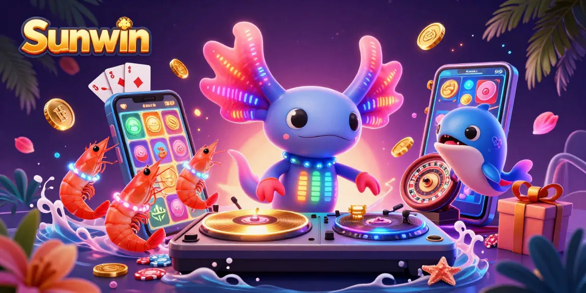 Sunwin offers a vibrant gambling scene featuring a neon axolotl DJ with slot games and dazzling casino elements.