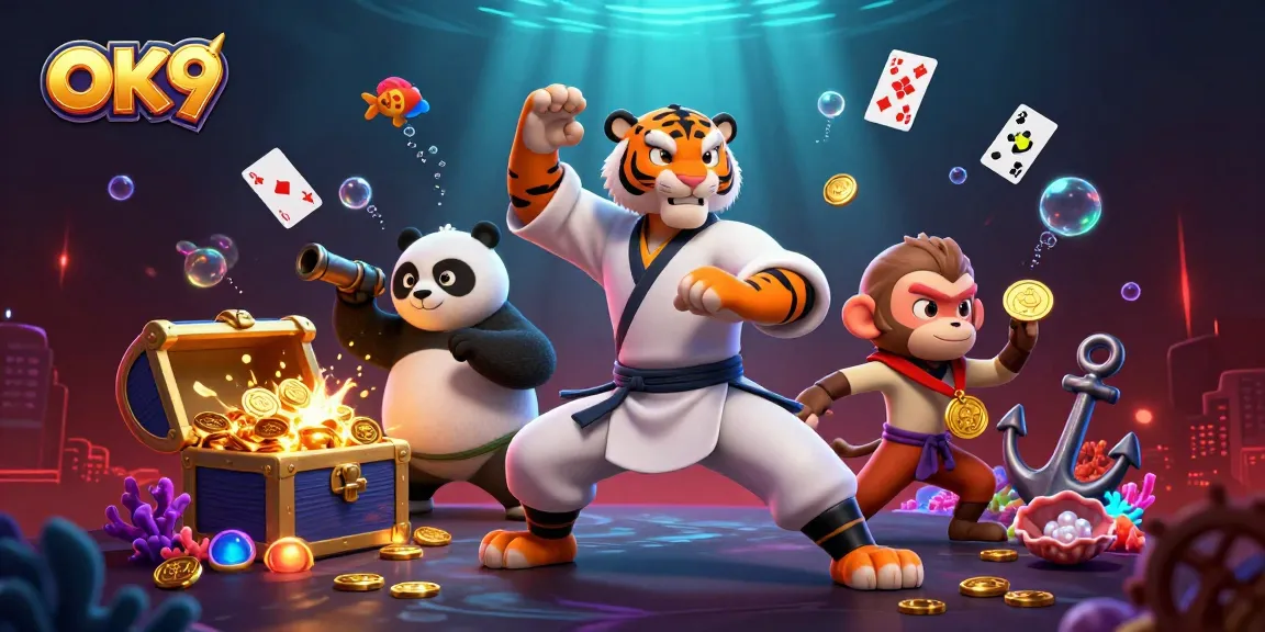 Experience thrilling wins with OK9's vibrant casino scene featuring dynamic characters and enticing game elements.