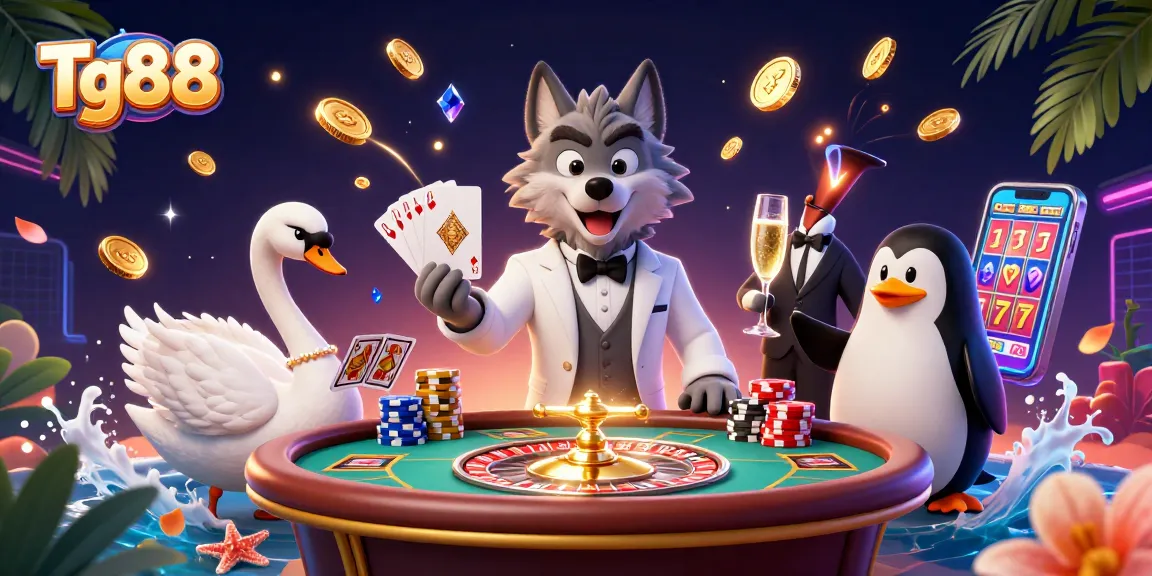 Play online with Tg88 at an exciting baccarat table, surrounded by fun casino elements.