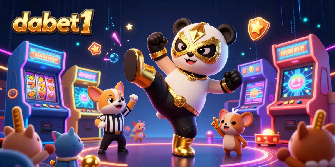 Experience the thrill of dabet1 with a panda wrestler and a cheering crowd in a vibrant casino scene.