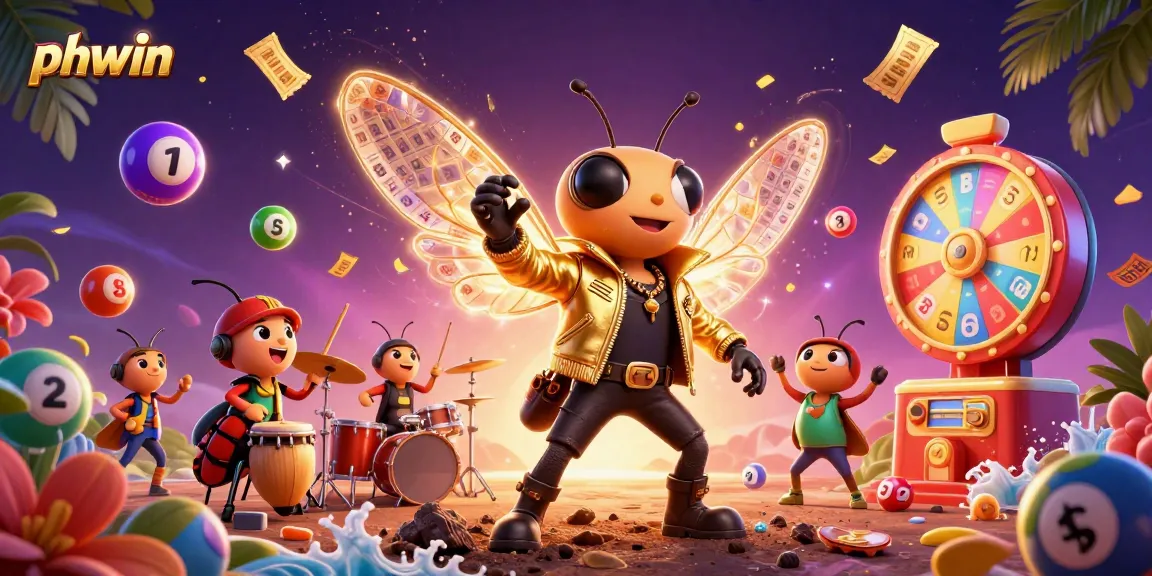 Engage with phwin's colorful lottery experience through a vibrant 3D illustration of a cicada rock star and festive game elements.