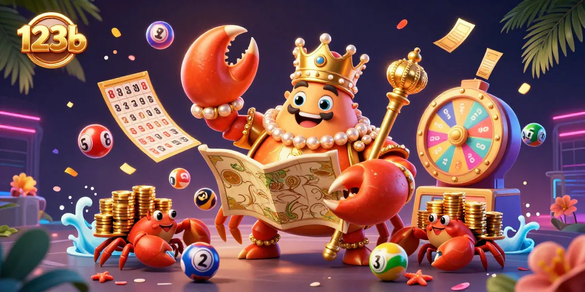 Experience thrilling action at 123b with a vibrant casino scene featuring animated lottery balls and treasure-filled activities.