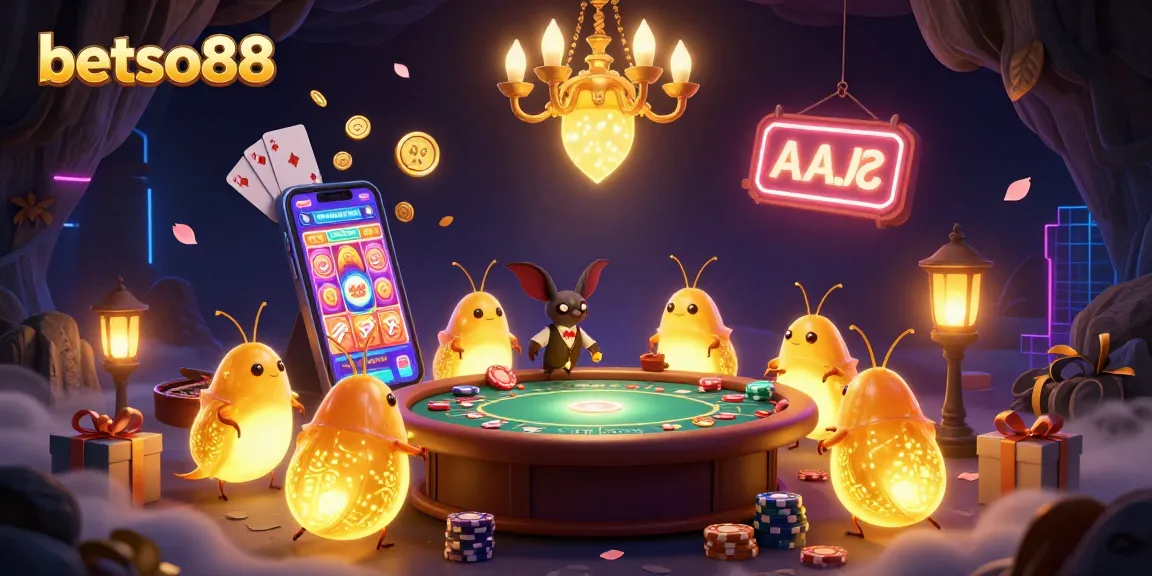 Experience thrilling fun at betso88 with animated glowworms lighting up a vibrant casino scene filled with games.