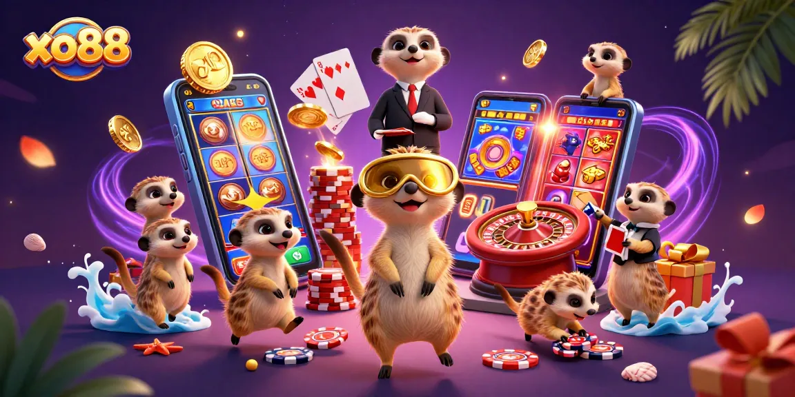 Join the fun at xo88 with meerkats running an exciting casino, colorful games, and chip treasures.