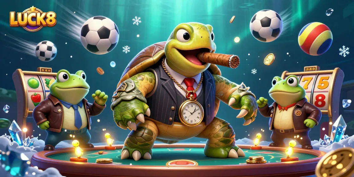 LUCK8 showcases an animated casino scene with a snapping turtle and bullfrog enforcers, engaging in gaming excitement.